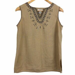 Laura Ashley Women's Linen Tank Size 6 V-Neck Embroidered Neckline Tan Black